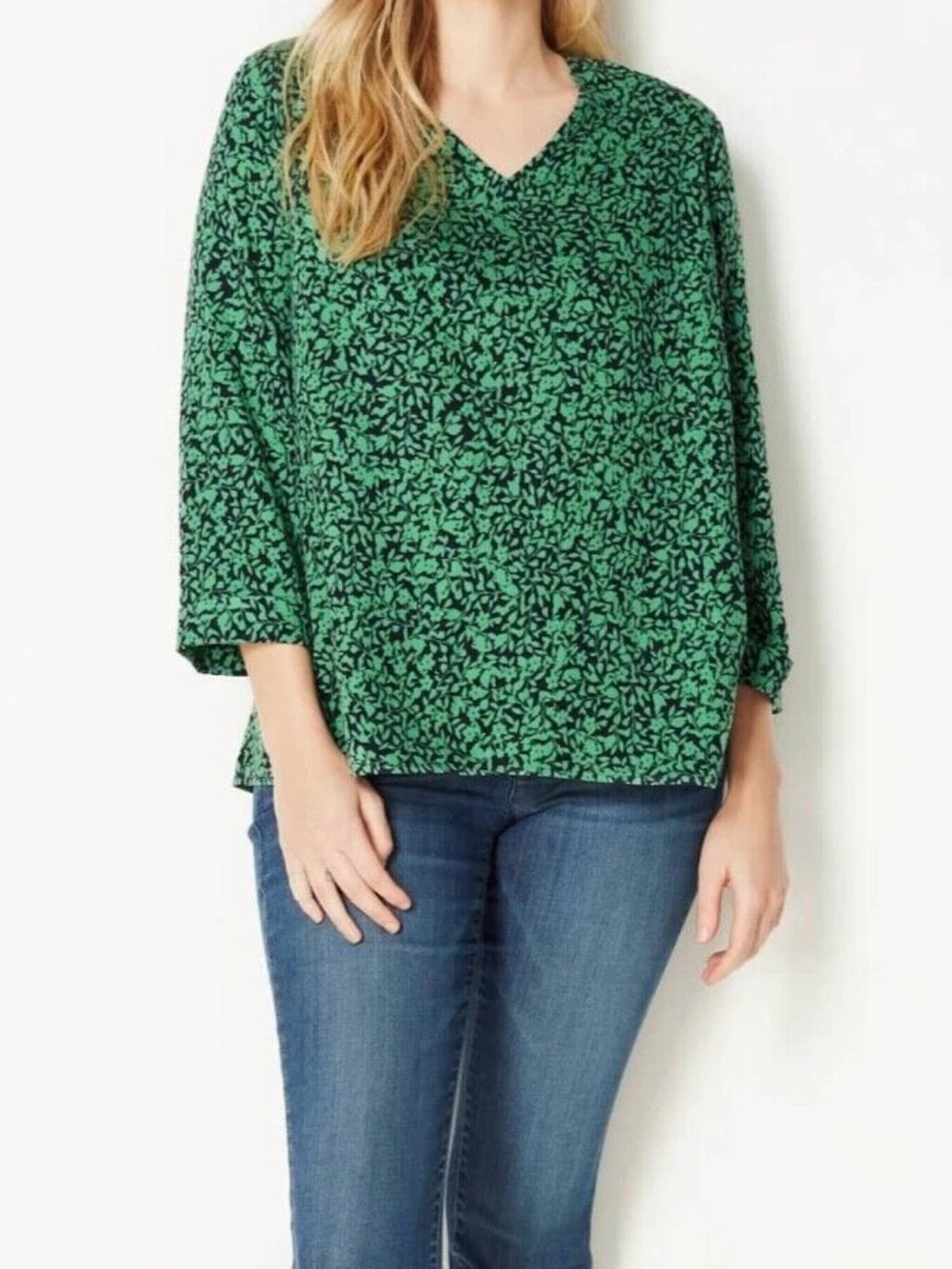 J. Jill Blouse in Botanical Green and Dark Blue Size Small Boxy Fit 3/4 Sleeve